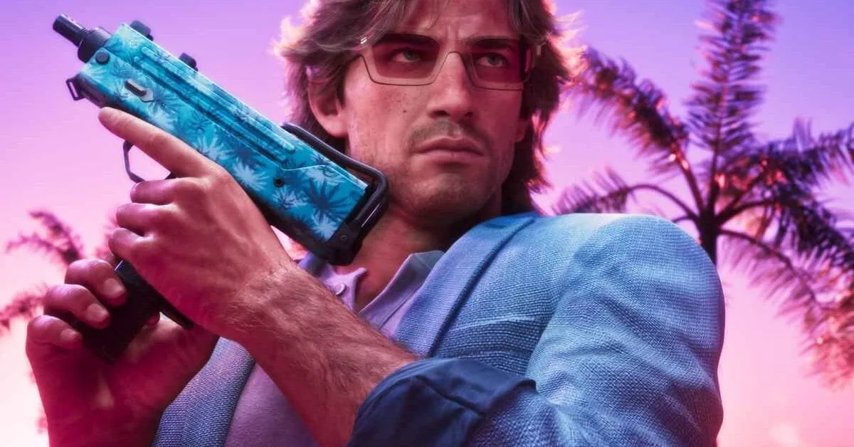 Imagem promocional de GTA 6 mostrando o logo do jogo em destaque com personagens ao fundo