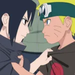 Naruto Uzumaki e Sasuke Uchiha, em estilo anime, se encaram muito próximos com expressão séria; Sasuke segura a camisa de Naruto, sugerindo tensão e rivalidade