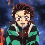Imagem do Tanjiro Kamado, de Demon Slayer (Kimetsu no Yaiba), machucado e ofegante, com marcas de batalha e expressão de leve desespero, como alguém que está no limite depois de tentar proteger todo mundo.