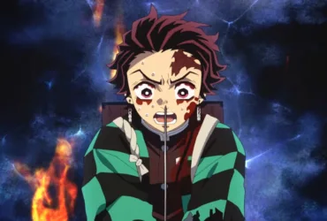 Imagem do Tanjiro Kamado, de Demon Slayer (Kimetsu no Yaiba), machucado e ofegante, com marcas de batalha e expressão de leve desespero, como alguém que está no limite depois de tentar proteger todo mundo.