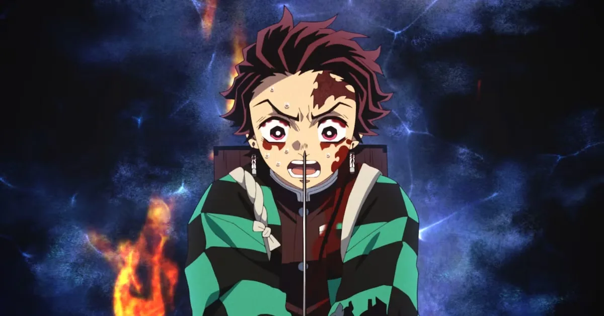 Imagem do Tanjiro Kamado, de Demon Slayer (Kimetsu no Yaiba), machucado e ofegante, com marcas de batalha e expressão de leve desespero, como alguém que está no limite depois de tentar proteger todo mundo.