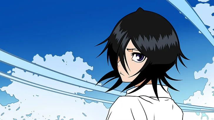 Ilustração em estilo anime de Rukia Kuchiki, de Bleach, com cabelo preto curto e olhar sério, virada de lado como se estivesse olhando para trás; ao fundo, um céu azul com nuvens e faixas claras que cruzam a imagem.