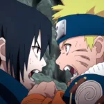 Naruto Uzumaki e Sasuke Uchiha se confrontando no Vale do Fim, com as estátuas ao fundo, em um momento de tensão e ruptura de laço, antes de um ataque decisivo.