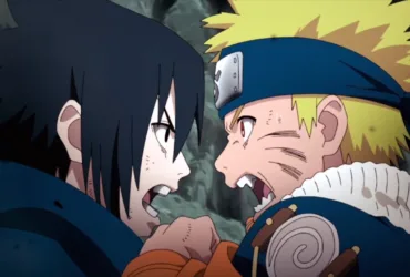 Naruto Uzumaki e Sasuke Uchiha se confrontando no Vale do Fim, com as estátuas ao fundo, em um momento de tensão e ruptura de laço, antes de um ataque decisivo.