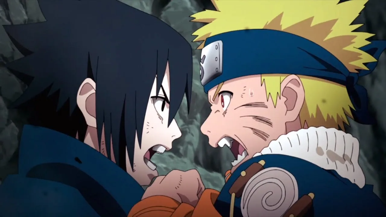 Naruto Uzumaki e Sasuke Uchiha se confrontando no Vale do Fim, com as estátuas ao fundo, em um momento de tensão e ruptura de laço, antes de um ataque decisivo.
