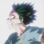 Izuku Midoriya (Deku) correndo em alta velocidade com as “brasas” do One For All brilhando ao redor do corpo, determinado a enfrentar All For One na batalha final, com expressão de esforço e urgência.