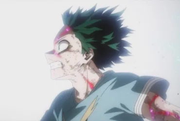 Izuku Midoriya (Deku) correndo em alta velocidade com as “brasas” do One For All brilhando ao redor do corpo, determinado a enfrentar All For One na batalha final, com expressão de esforço e urgência.