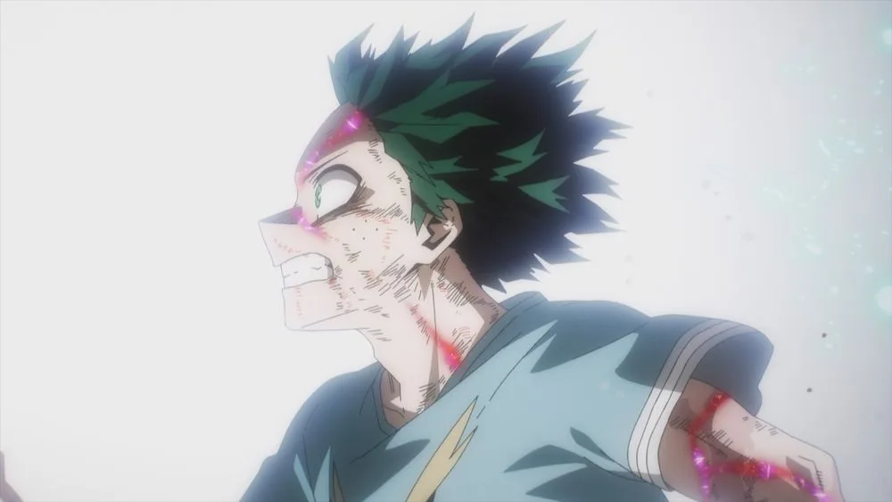 Izuku Midoriya (Deku) correndo em alta velocidade com as “brasas” do One For All brilhando ao redor do corpo, determinado a enfrentar All For One na batalha final, com expressão de esforço e urgência.