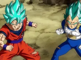 Goku e Vegeta em Dragon Ball Super com cabelo azul (Super Saiyajin Blue), lado a lado em um cenário rochoso, com postura de combate e expressão determinada.