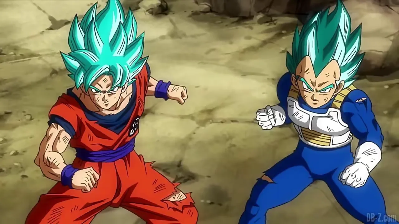 Goku e Vegeta em Dragon Ball Super com cabelo azul (Super Saiyajin Blue), lado a lado em um cenário rochoso, com postura de combate e expressão determinada.