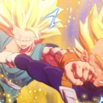 Cena da DLC 6 de Dragon Ball Z: Kakarot mostrando Goku em Super Saiyajin 3 lutando contra Vegeta em Super Saiyajin 2 no epílogo de Dragon Ball Z, com a energia das auras destacando a rivalidade e a obsessão por evolução.