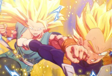 Cena da DLC 6 de Dragon Ball Z: Kakarot mostrando Goku em Super Saiyajin 3 lutando contra Vegeta em Super Saiyajin 2 no epílogo de Dragon Ball Z, com a energia das auras destacando a rivalidade e a obsessão por evolução.