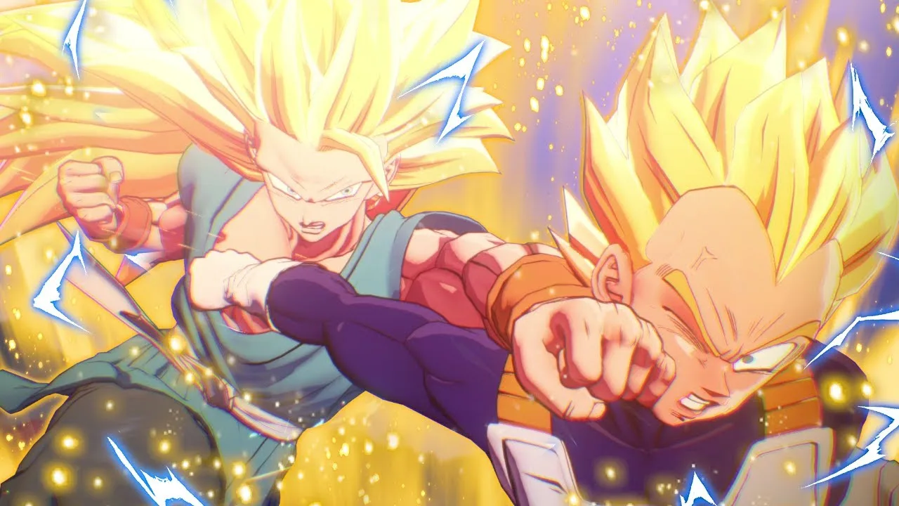 Cena da DLC 6 de Dragon Ball Z: Kakarot mostrando Goku em Super Saiyajin 3 lutando contra Vegeta em Super Saiyajin 2 no epílogo de Dragon Ball Z, com a energia das auras destacando a rivalidade e a obsessão por evolução.