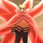 Naruto em pé no Modo Bárion, com capa e caudas de energia vermelha se abrindo atrás do corpo, expressão séria e fundo com céu alaranjado e rochas ao redor.