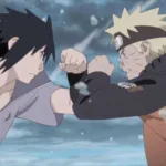 Naruto e Sasuke se enfrentando no Vale do Fim durante a luta final, em cenário de pedra e água, com clima de confronto intenso entre dois amigos rivais.