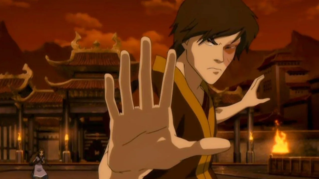 Zuko prestes a enfrentar Azula no Agni Kai final de Avatar: A Lenda de Aang, com postura firme e clima de tensão antes do duelo.