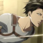 Levi Ackerman em Attack on Titan usando o equipamento de manobras (ODM gear), com expressão calma e focada durante a fuga da equipe do Kenny, em uma cena de ação rápida.