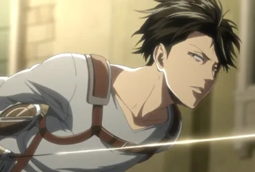 Levi Ackerman em Attack on Titan usando o equipamento de manobras (ODM gear), com expressão calma e focada durante a fuga da equipe do Kenny, em uma cena de ação rápida.