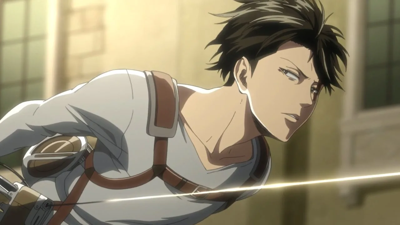Levi Ackerman em Attack on Titan usando o equipamento de manobras (ODM gear), com expressão calma e focada durante a fuga da equipe do Kenny, em uma cena de ação rápida.
