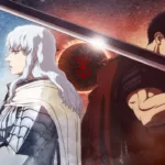 Ilustração de dois personagens de Berserk: um de cabelo branco com armadura clara e outro de cabelo escuro com uma espada enorme apoiada no ombro, ambos de costas um para o outro, em um cenário dramático com luz forte ao fundo, sugerindo ruptura, rivalidade e destino.