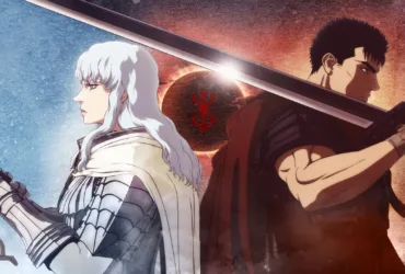 Ilustração de dois personagens de Berserk: um de cabelo branco com armadura clara e outro de cabelo escuro com uma espada enorme apoiada no ombro, ambos de costas um para o outro, em um cenário dramático com luz forte ao fundo, sugerindo ruptura, rivalidade e destino.