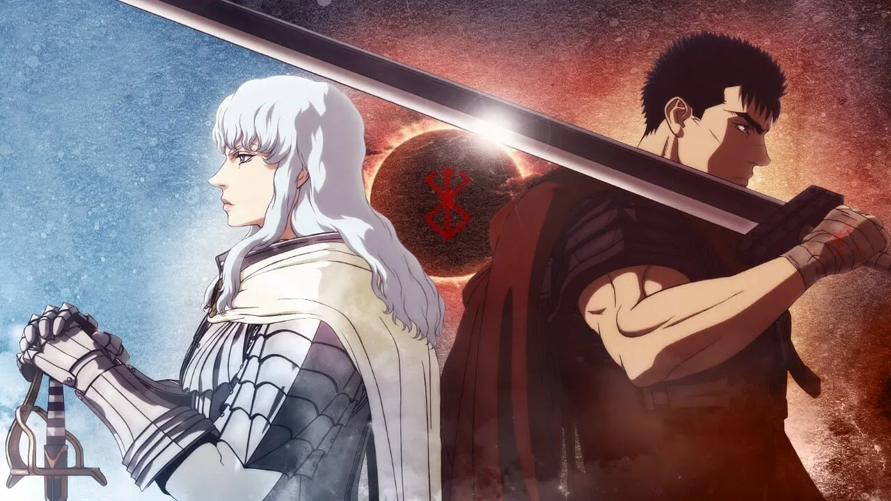 Ilustração de dois personagens de Berserk: um de cabelo branco com armadura clara e outro de cabelo escuro com uma espada enorme apoiada no ombro, ambos de costas um para o outro, em um cenário dramático com luz forte ao fundo, sugerindo ruptura, rivalidade e destino.