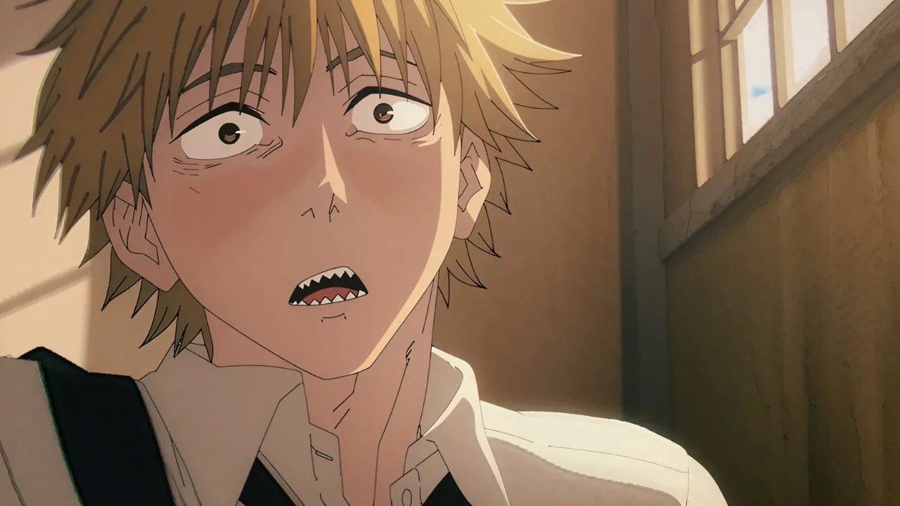 Close no rosto de um protagonista de anime loiro, com olhos arregalados e boca entreaberta, expressão de choque e cansaço, iluminado por luz quente que entra pela janela ao lado.