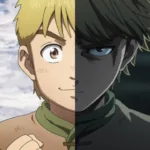 Imagem dividida ao meio mostrando Thorfinn, de Vinland Saga: de um lado, mais jovem e com expressão leve; do outro, mais sombrio e marcado, com olhar frio, simbolizando a transformação interna do personagem.