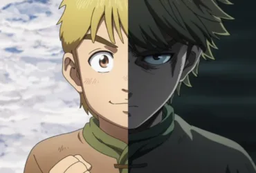 Imagem dividida ao meio mostrando Thorfinn, de Vinland Saga: de um lado, mais jovem e com expressão leve; do outro, mais sombrio e marcado, com olhar frio, simbolizando a transformação interna do personagem.