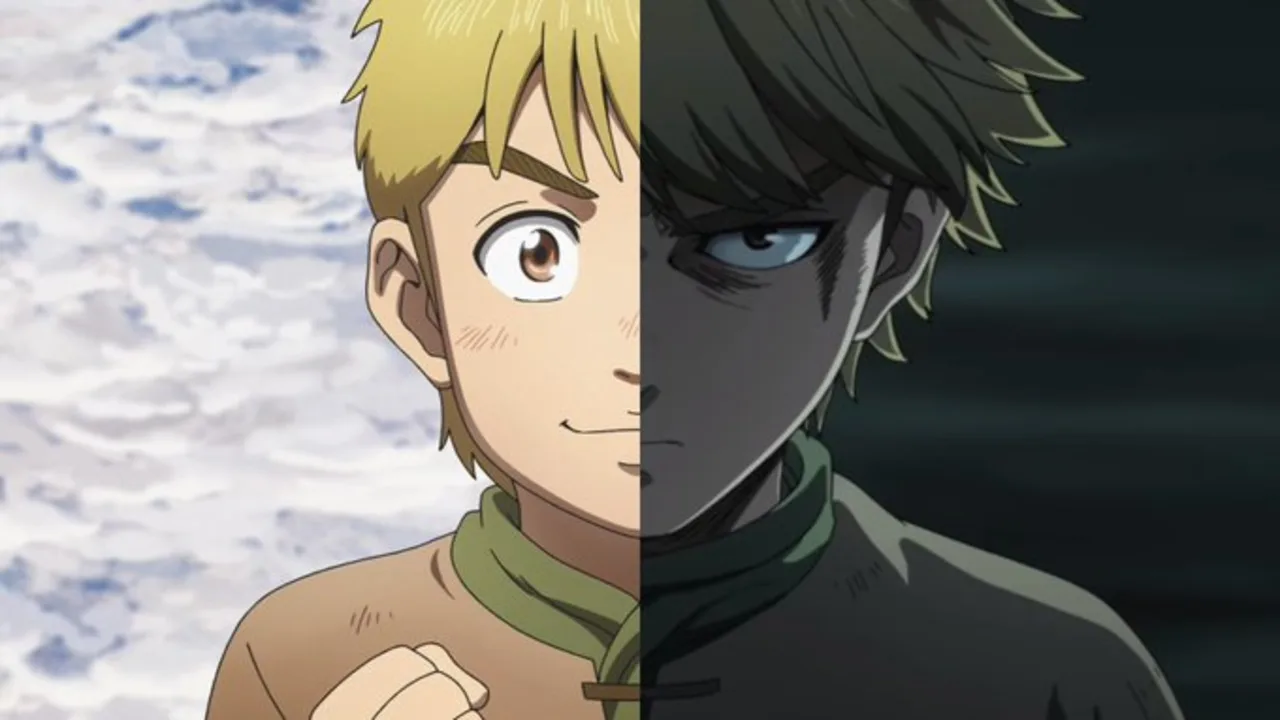 Imagem dividida ao meio mostrando Thorfinn, de Vinland Saga: de um lado, mais jovem e com expressão leve; do outro, mais sombrio e marcado, com olhar frio, simbolizando a transformação interna do personagem.
