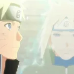 Cena de anime mostrando Naruto Uzumaki de perfil à esquerda, com expressão séria e emocionada, enquanto a imagem de Minato Namikaze aparece à direita, em tom esmaecido, como lembrança ou despedida.