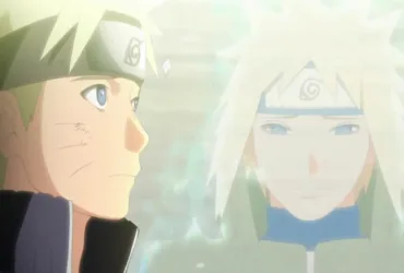 Cena de anime mostrando Naruto Uzumaki de perfil à esquerda, com expressão séria e emocionada, enquanto a imagem de Minato Namikaze aparece à direita, em tom esmaecido, como lembrança ou despedida.