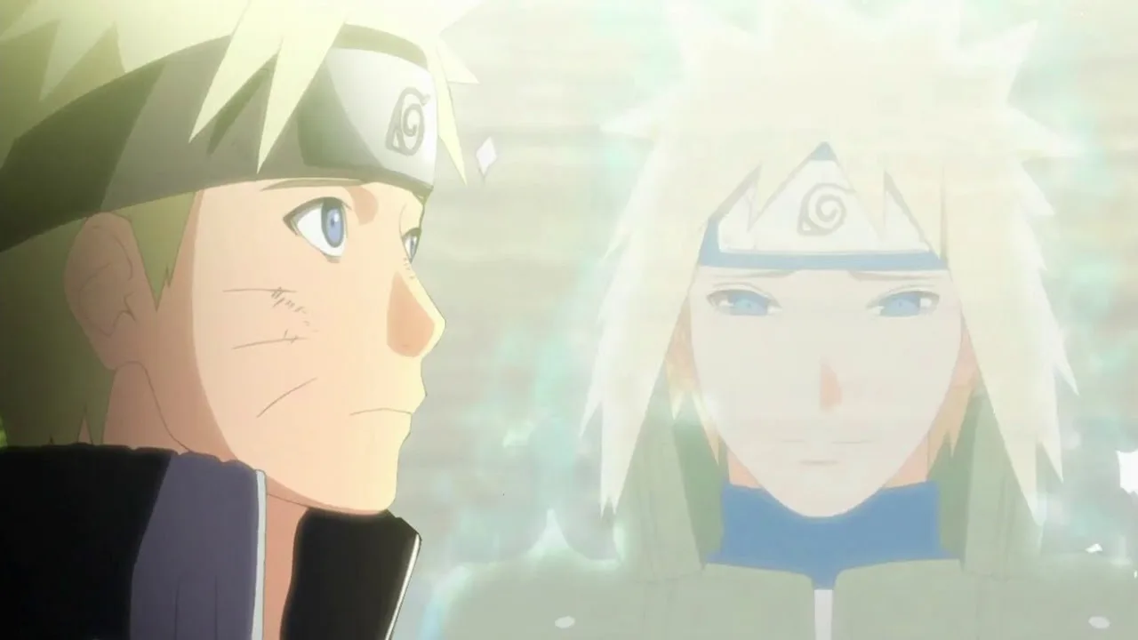 Cena de anime mostrando Naruto Uzumaki de perfil à esquerda, com expressão séria e emocionada, enquanto a imagem de Minato Namikaze aparece à direita, em tom esmaecido, como lembrança ou despedida.