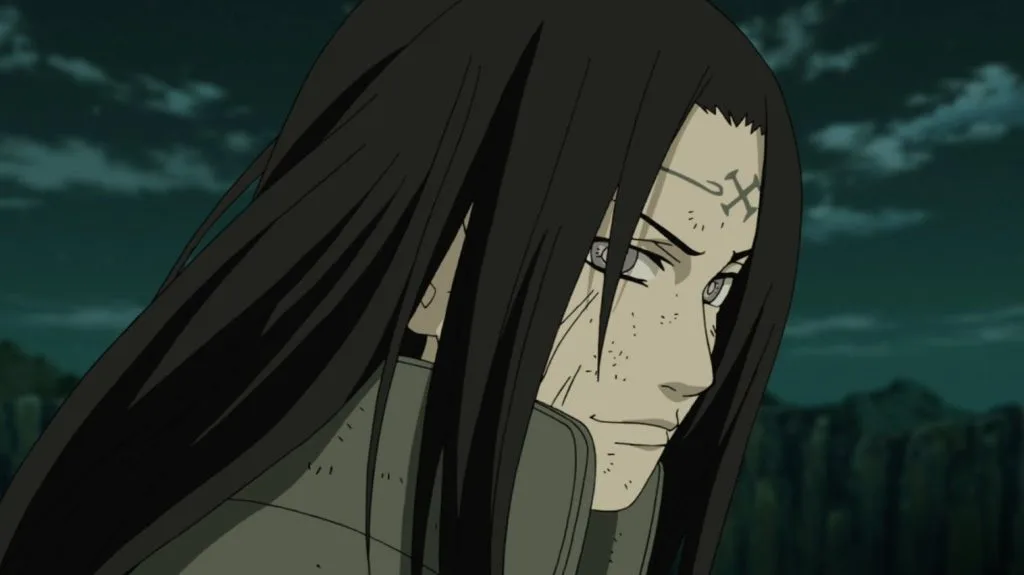 Close no rosto de Neji Hyuuga (Naruto), com expressão séria e marcas de batalha, cabelo longo ao vento, em um cenário noturno ao ar livre.