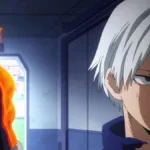 Cena de My Hero Academia: Shoto Todoroki, machucado após a luta contra Izuku Midoriya (Deku), encara Endeavor e reafirma que não vai usar o lado de fogo do seu poder; Endeavor aparece ao fundo/ao lado, simbolizando a pressão e a expectativa.
