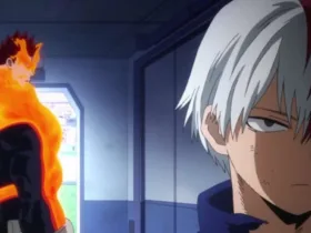 Cena de My Hero Academia: Shoto Todoroki, machucado após a luta contra Izuku Midoriya (Deku), encara Endeavor e reafirma que não vai usar o lado de fogo do seu poder; Endeavor aparece ao fundo/ao lado, simbolizando a pressão e a expectativa.