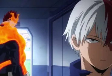 Cena de My Hero Academia: Shoto Todoroki, machucado após a luta contra Izuku Midoriya (Deku), encara Endeavor e reafirma que não vai usar o lado de fogo do seu poder; Endeavor aparece ao fundo/ao lado, simbolizando a pressão e a expectativa.