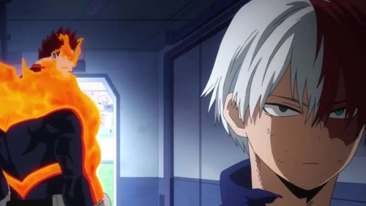 Cena de My Hero Academia: Shoto Todoroki, machucado após a luta contra Izuku Midoriya (Deku), encara Endeavor e reafirma que não vai usar o lado de fogo do seu poder; Endeavor aparece ao fundo/ao lado, simbolizando a pressão e a expectativa.