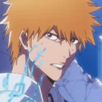 Close do Ichigo Kurosaki, com expressão séria e marcas de batalha no rosto, em um cenário destruído ao fundo, representando o arco final de Bleach: Thousand-Year Blood War – The Calamity.