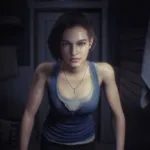Jill Valentine refletida em vidro no jogo Resident Evil 3 Remake