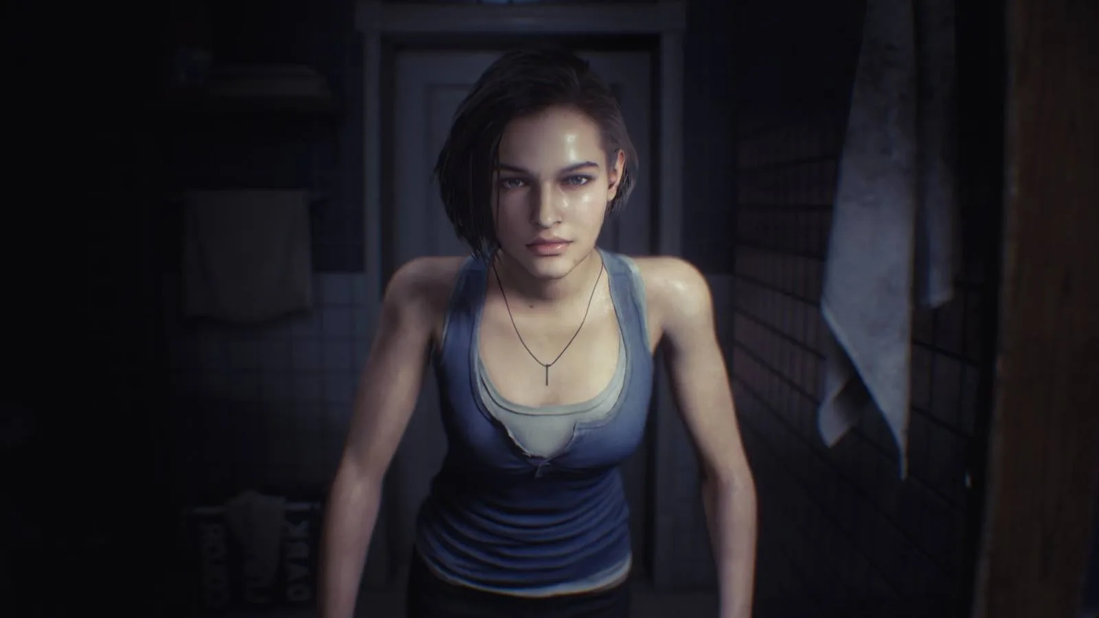 Jill Valentine refletida em vidro no jogo Resident Evil 3 Remake