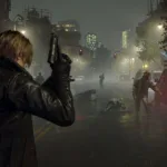 Leon Kennedy em cena de Resident Evil em ambiente sombrio