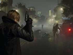 Leon Kennedy em cena de Resident Evil em ambiente sombrio