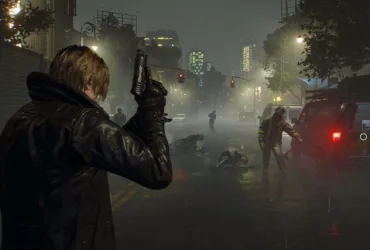 Leon Kennedy em cena de Resident Evil em ambiente sombrio