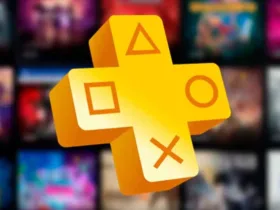 Logo da PlayStation Plus com fundo azul e brilhos