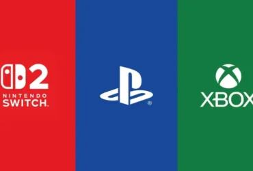 Logos da Nintendo, Sony e Microsoft representando mercado de games