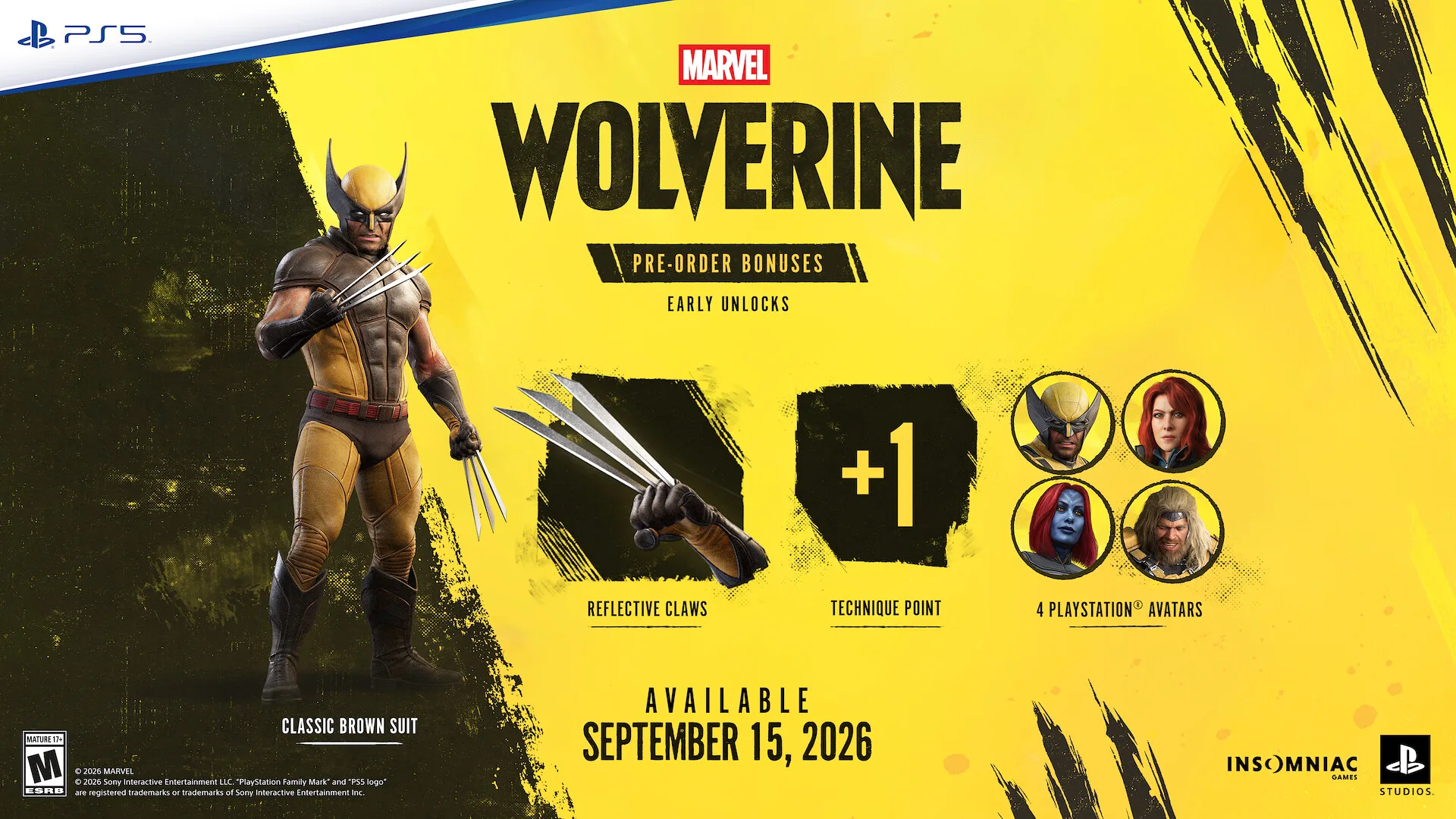 Bônus de pré-venda de Marvel’s Wolverine para PS5 com traje Classic Brown e avatares.