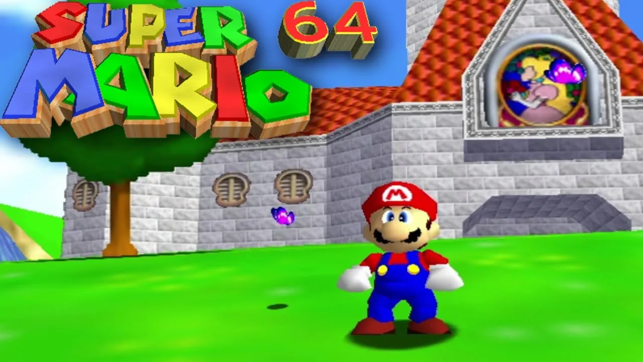 Super Mario 64 rodando no Nintendo 64, representando revolução dos jogos 3D