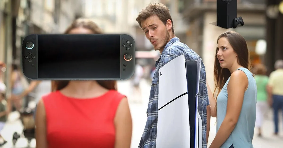 Meme mostrando Switch 2, Xbox e PlayStation em disputa de vendas nos EUA