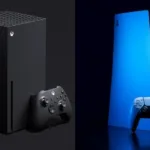 PS5 e Xbox Series X lado a lado, consoles sobre mesa